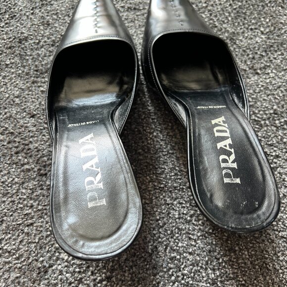 Prada Mules Black Leather Slip On Kitten Heels Slides Shoes Size 37 Made Italy - Picture 9 of 16